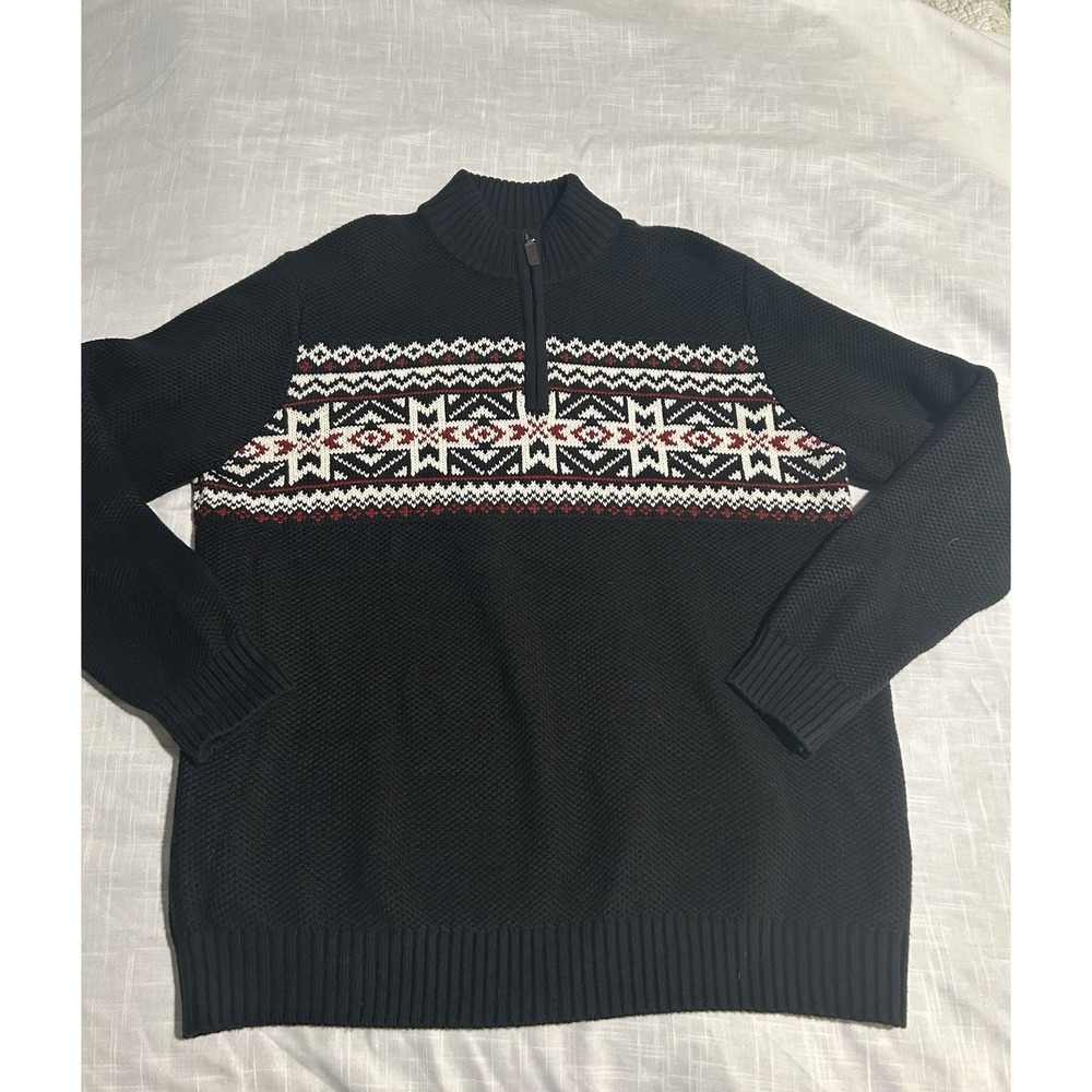 IZOD Sweater ~Fair Isle Nordic Knit ~Mens L ~Black Chunky Cotton Quarter Zip